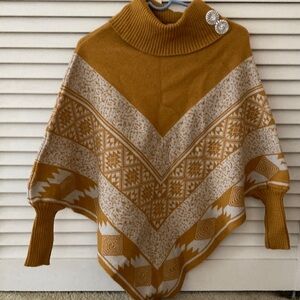 Women's Vintage Mustard and Cream Cow Neck  Poncho Sweater Made in Ecuador